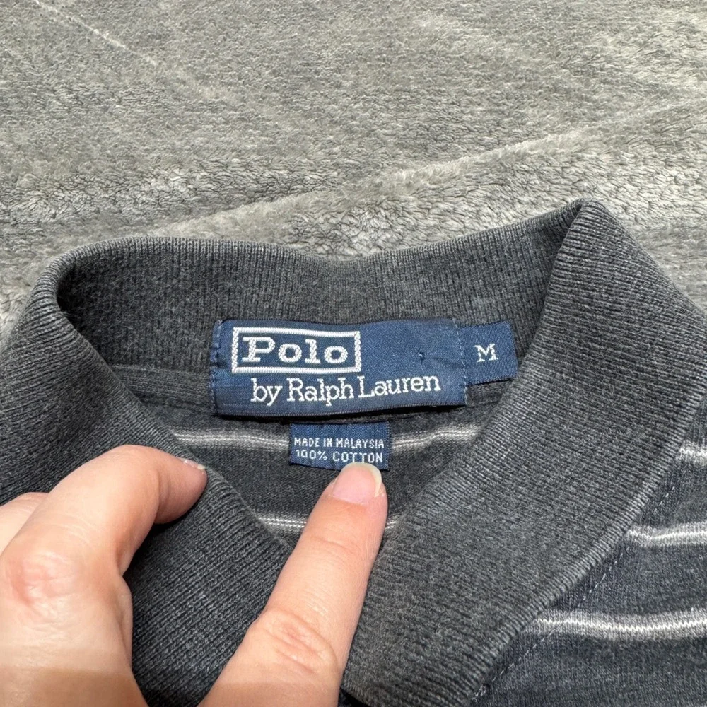 Polo Ralph Lauren Mens Long Sleeve Striped Polo Shirt Gray White‎ Size M Cotton